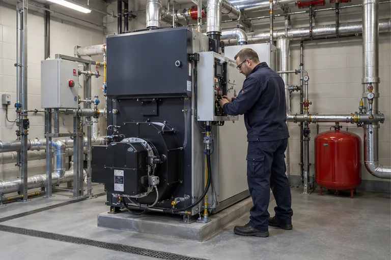 Engineer inspecting a commercial boiler within an industrial plant room